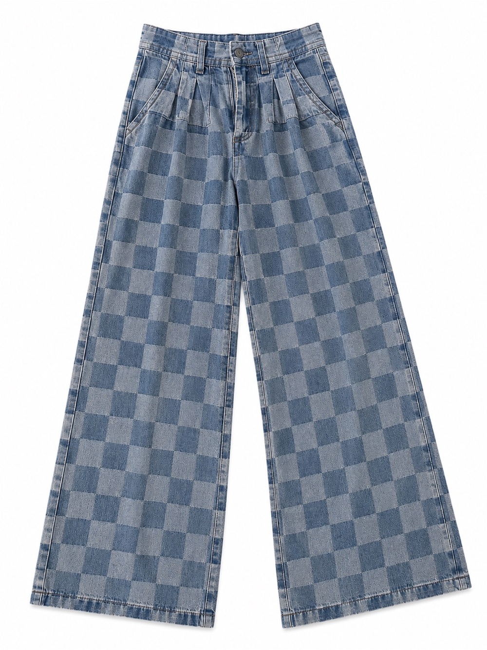 BiBi Blue Checkerboard Wide-Leg High-Rise Jeans